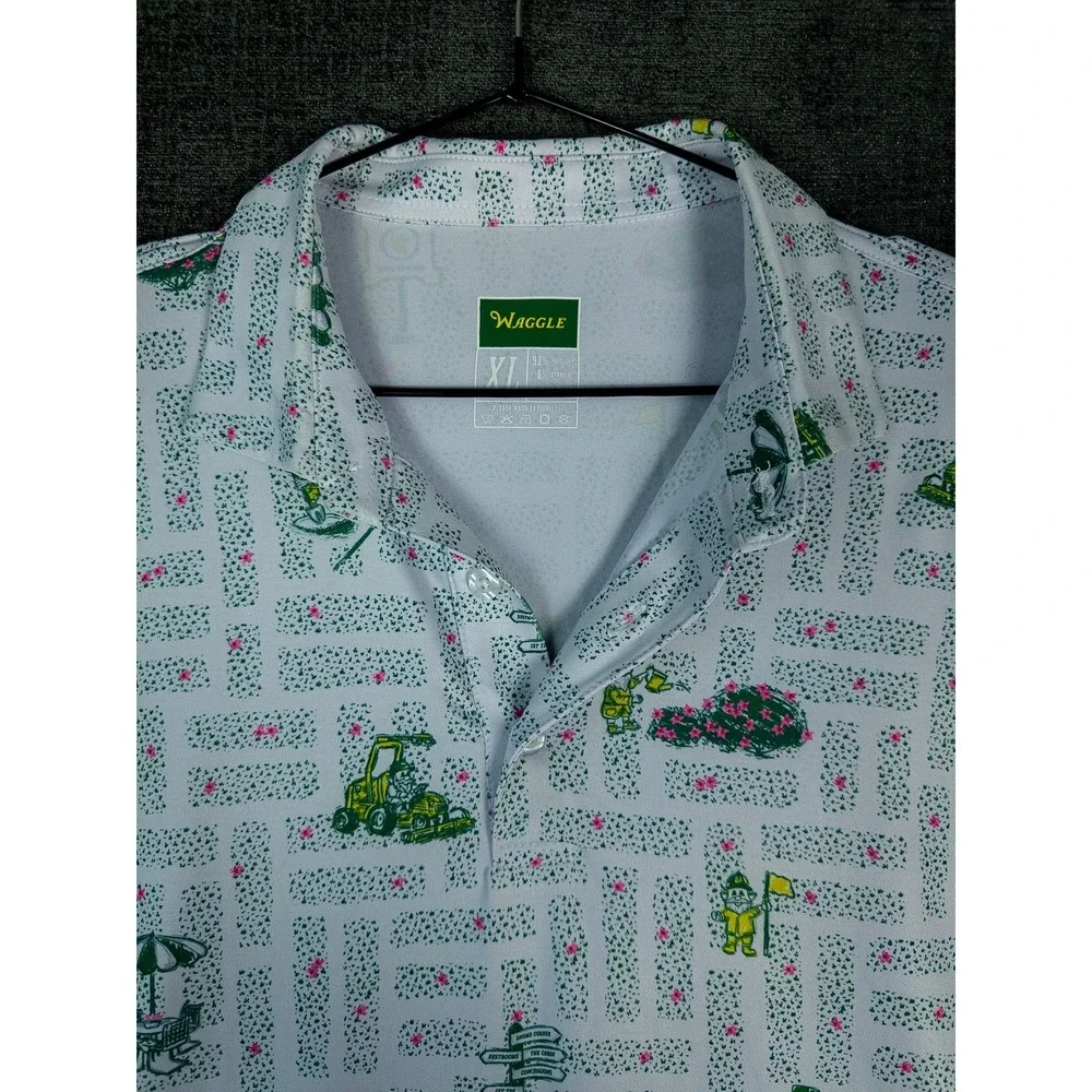 Waggle Gnomes Only Golf Print Polo Shirt Mens XL White Green Masters Party - Picture 2 of 7